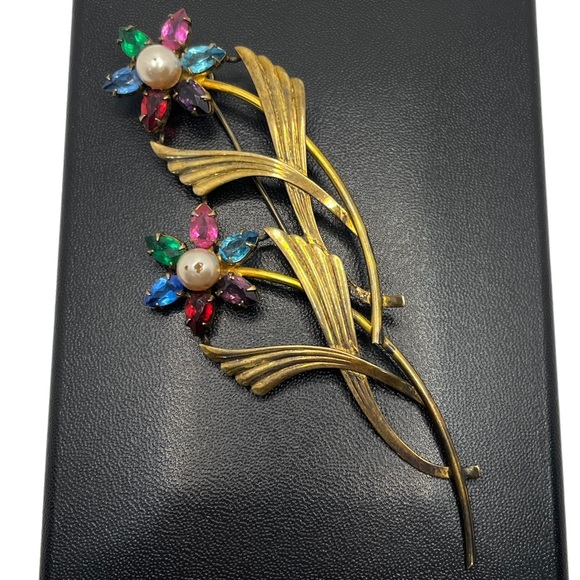 Flower SYMMETALIC rhinestone Vintage STERLING Silver 14KT Gold Brooch Pin - Picture 2 of 16